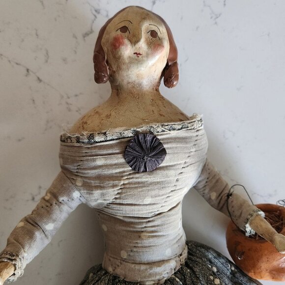 Nicol Sayre Handcrafted Folk Art Doll w/pumpkin caddy - Picture 2 of 9